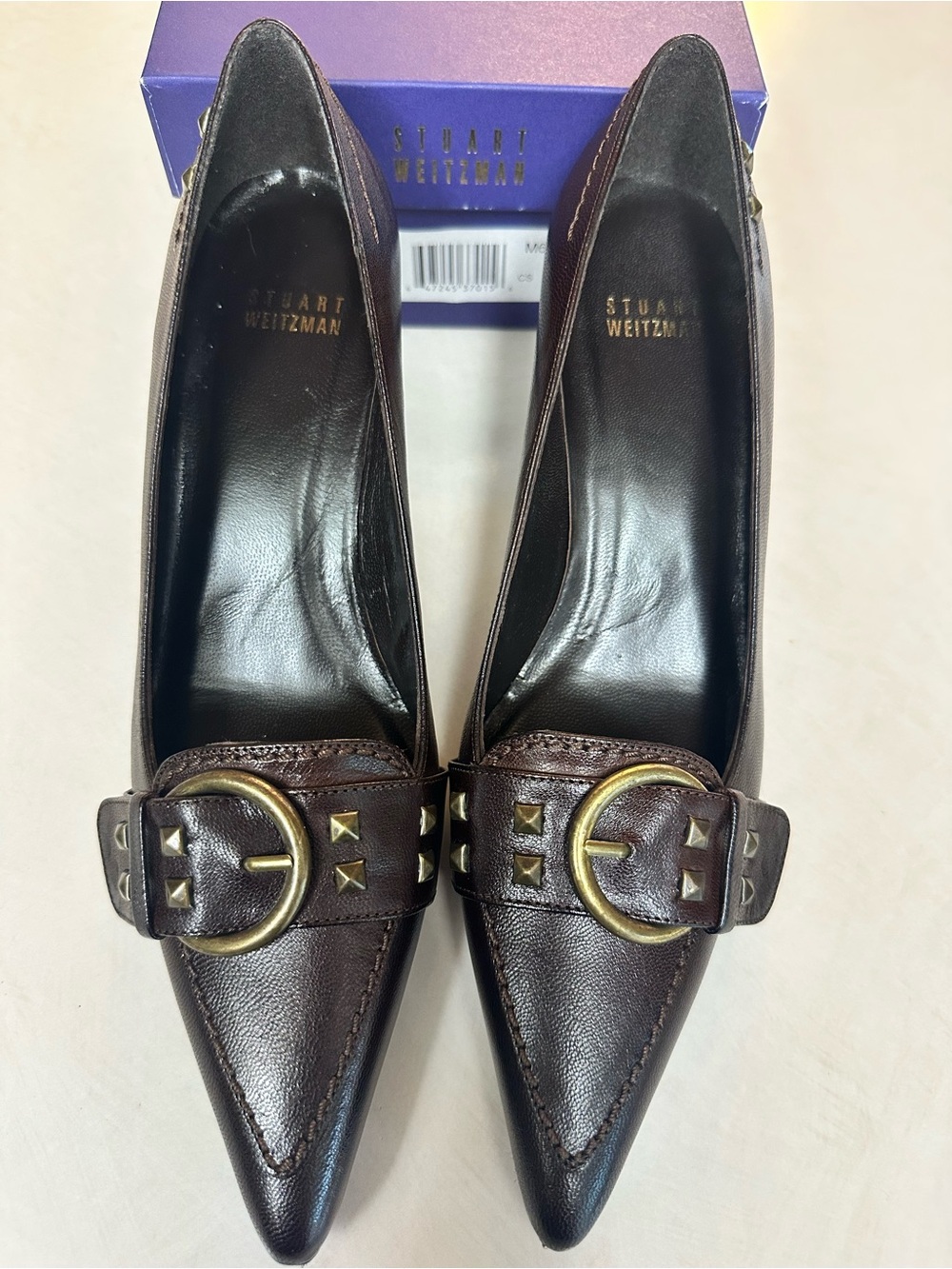 Stuart Weitzman Dark Brown Pointed Leather Low Heels with Brass Buckle